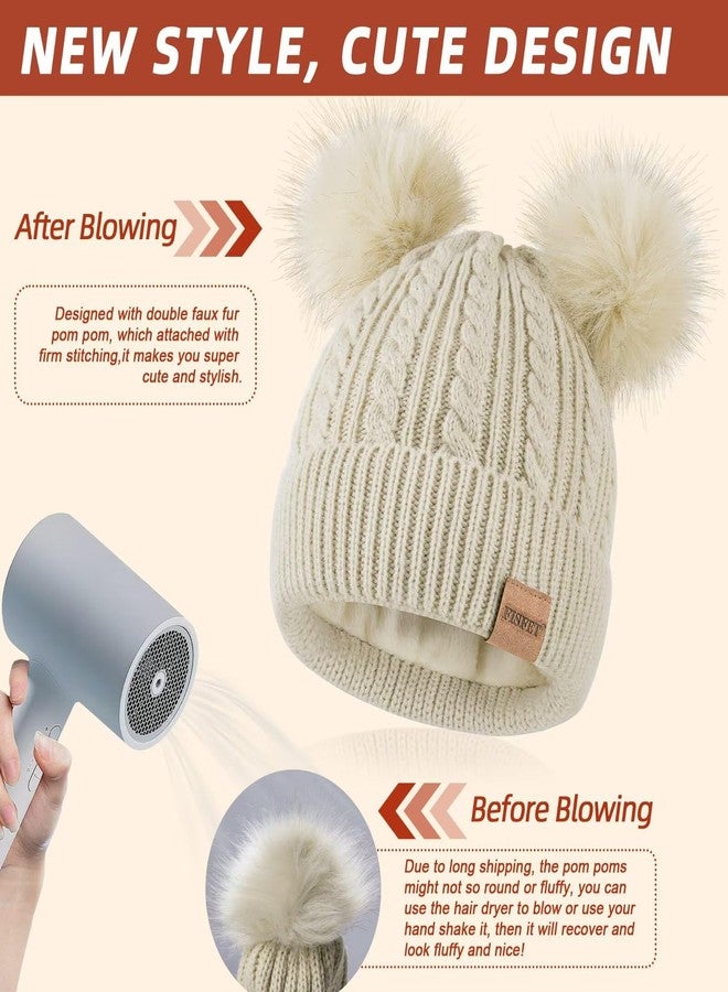 FISFET Beanies Women with Double Pom Pom, Winter Hats for Women Cold Weather Warm Cable Knit Fleece Lined, Cute Beanie Cap for Daily Use(Oatmeal) - Image 5